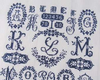 Cross stitch sampler ABC Delft Blue hand embroidered without frame