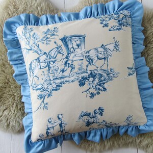Toile de Jouy cushion cover with ruffle, blue & white heritage cushion, elegant gift for classic interiors