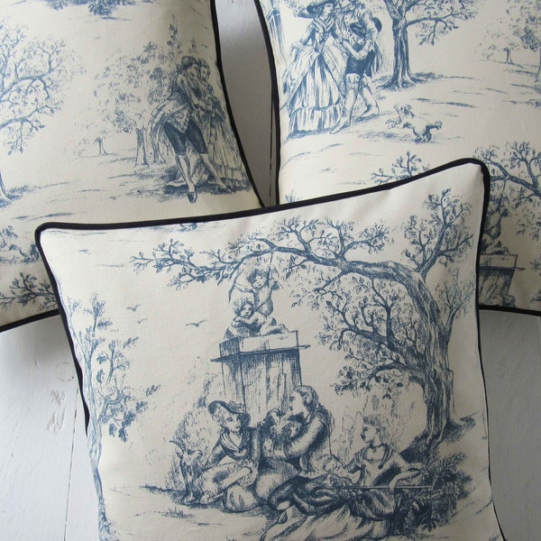 Funda de cojín de 40 x 40 cm o 50 x 50 cm de Toile de Jouy, azul y beige, estilo campestre francés, funda de cojín con ribete hecho a mano, algodón puro.