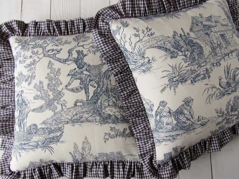 Ruffle Pillow Case 40x40cm Toile De Jouy Blue French Country - Etsy