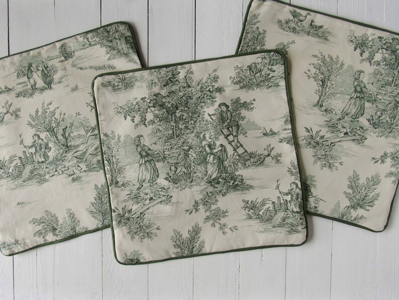 pillow case 40x40cm Toile de Jouy french country style country scene cushion cover green creme, bedroom decoration, pure cotton image 3