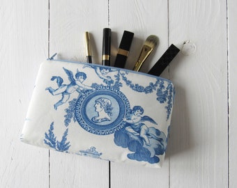 Neceser Toile de Jouy azul crema blanco con cuadros vichy forrado azul neceser de maquillaje 13 x 22 cm para utensilios de viaje