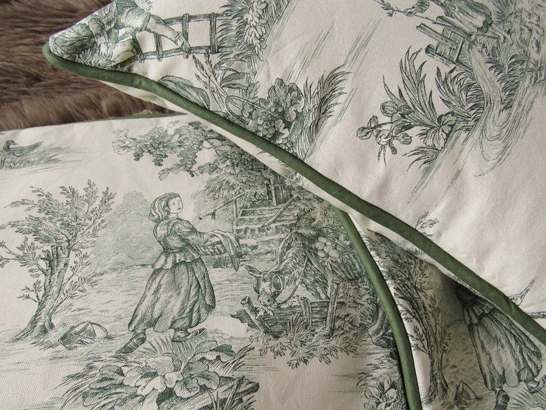 pillow case 40x40cm Toile de Jouy french country style country scene cushion cover green creme, bedroom decoration, pure cotton image 5