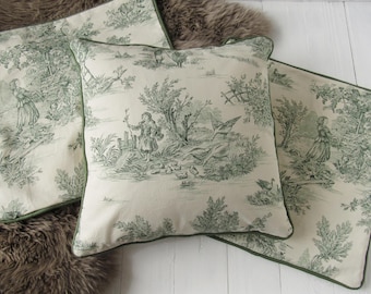 pillow case 40x40cm Toile de Jouy french country style country scene cushion cover green creme, bedroom decoration, pure cotton