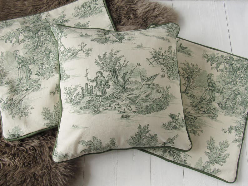 pillow case 40x40cm Toile de Jouy french country style country scene cushion cover green creme, bedroom decoration, pure cotton image 1