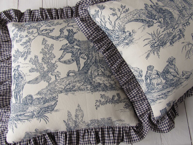 Ruffle Pillow Case 40x40cm Toile De Jouy Blue French Country | Etsy
