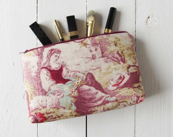 cosmetic bag linen Toile de Jouy pink blue lined with cotton makeup pouch 13x22 cm for travel accessories