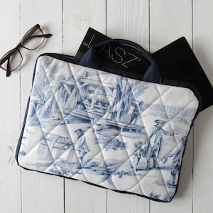 Bolsa Toile de Jouy azul branco Toile com alça para iPad case azul acolchoado à mão acessórios para tablet capa protetora forrada