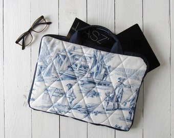 Toile de Jouy bag with handle blue white tablet case clutch Toile de Jouy blue tablet accessories pouch