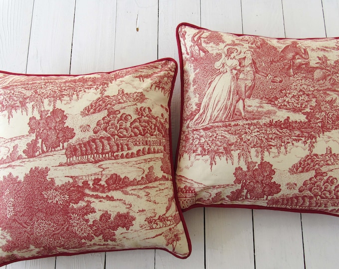 Toile De Jouy Pillow, Shabby Pillow, Red and White, Chic Elegant