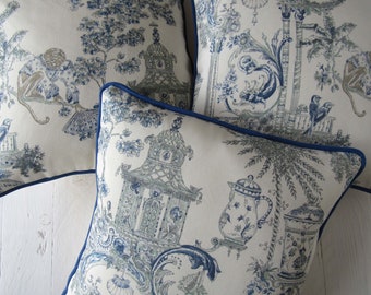 Kissenhülle Toile de Jouy Siam blau cremeweiß French Country Style 40x40cm Kissenbezug mit handgemachter Paspel und Reißverschluß