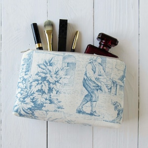 Cosmetische tas Toile de Jouy blauw beige cadeau-idee voor vriendin make-up tas 13 x 22 cm of 11 x 18 cm puur katoen met Vichy-ruitje