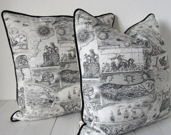 pillow case 50x50cm made of Toile de Jouy french country style country scene cushion cover black and offwhite bedroom decoration pure cotton