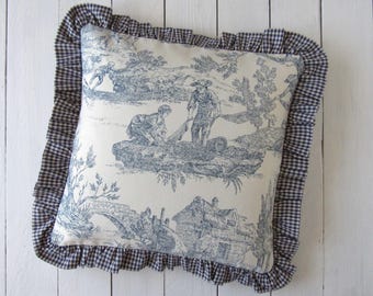 Toile de Jouy Ruffle Pillow Cover 16x16 inch – blue offwhite French country cushion, handmade gingham trim