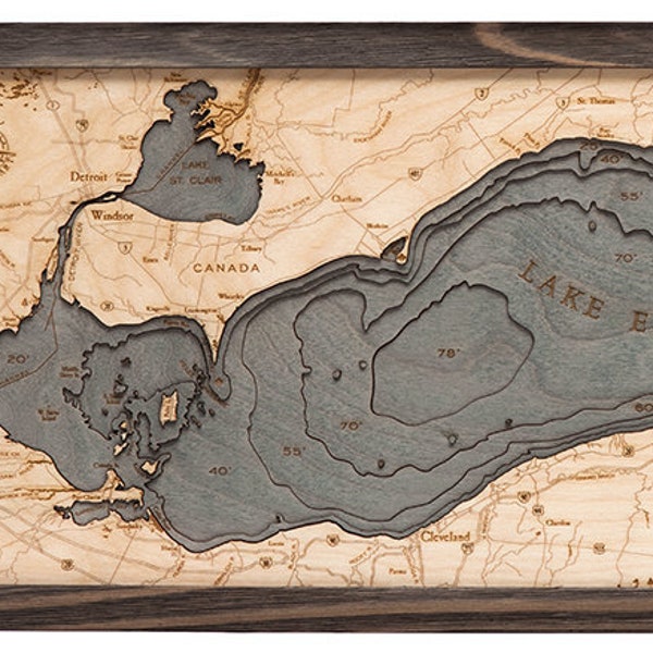Lake Erie Art | Lake Erie Map | Lake Erie Wood Chart | Lake Erie Topographic Map | Great Lakes | Lake St. Clair | Lake Saint Clair Map Art