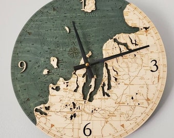 Northwest Michigan Clock | Michigan Clock | Lake Michigan Map | Wood Chart Clock |  Water Depth Clock | Michigan Gift | Traverse City Map