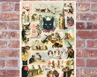 Vintage Cat Art Collage Poster