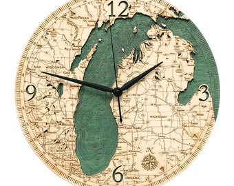 Lake Michigan Clock | Michigan Clock | Lake Michigan Map | Lake Michigan Wood Chart Clock | Lake Michigan Water Depth Clock | Lake Art
