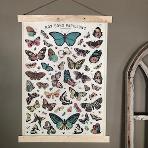May include: A vintage poster titled "Nos Bons Papillons" showcasing a variety of colourful butterfly illustrations. The poster is printed on white paper and has a wooden frame.