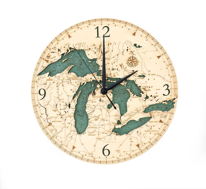 Great Lakes Clock Michigan Clock Great Lakes Map Great Lakes Wood Chart Clock Great Lakes Water Depth Clock Lake Michigan Huron image 4
