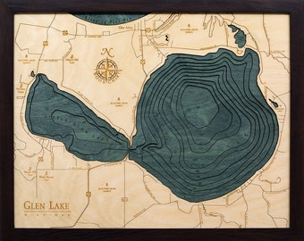 Glen Lake Art | Glen Lake Map | Glen Lake Wood Chart | Sleeping Bear Dunes | Water Depths | Topograhic Map | Glen Arbor, Michigan | Up North