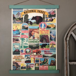 National parks poster with a green painted wood hanger