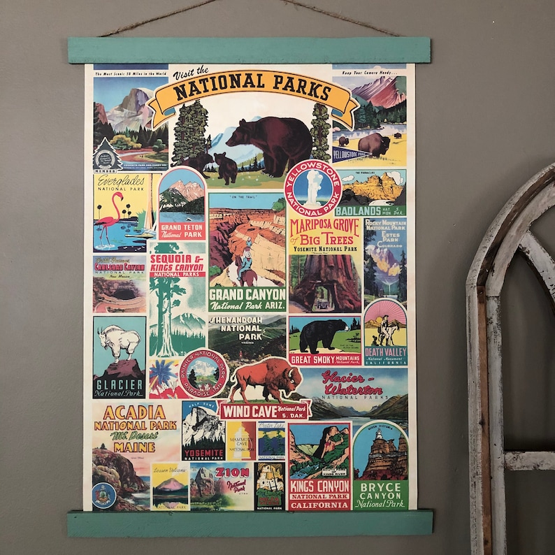 National parks poster with a green painted wood hanger