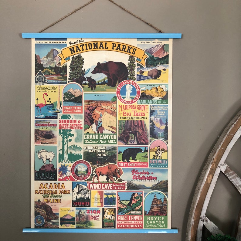 National parks poster with a light blue gloss wood hanger