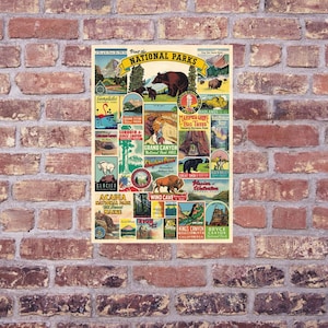 May include: A vintage-style poster featuring various National Parks. The poster includes illustrations of bears, mountains, and other park landmarks. Text includes "Visit the National Parks" and park names like "Grand Canyon" and "Acadia".