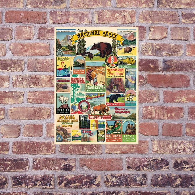 May include: A vintage-style poster featuring various National Parks. The poster includes illustrations of bears, mountains, and other park landmarks. Text includes "Visit the National Parks" and park names like "Grand Canyon" and "Acadia".