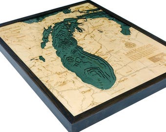 Lake Michigan Art | Lake Michigan Map | Lake Michigan Wood Chart | Lake Michigan | Water Depths | Topograhic Map | Great Lakes Map