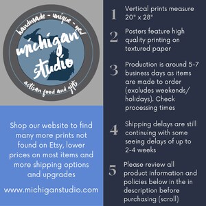 May include: A promotional image for Michigan Studio, featuring a circular logo with text and a map outline, and informational text about print sizes, quality, production time, and shipping. The website address is also included.