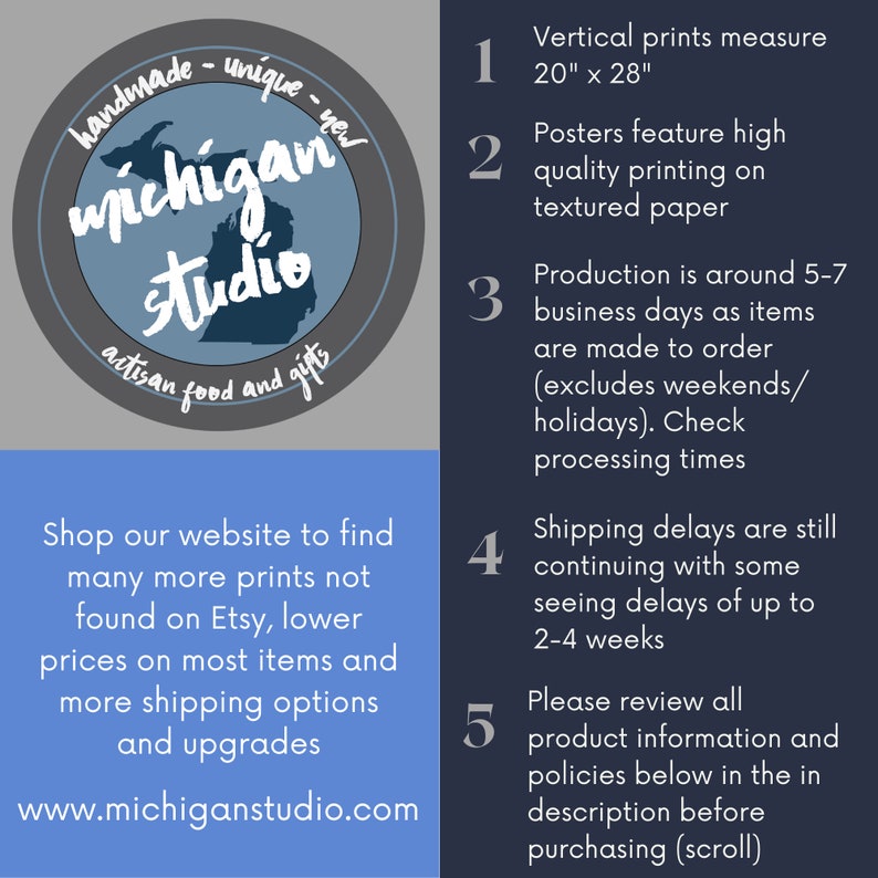 May include: A promotional image for Michigan Studio, featuring a circular logo with text and a map outline, and informational text about print sizes, quality, production time, and shipping. The website address is also included.