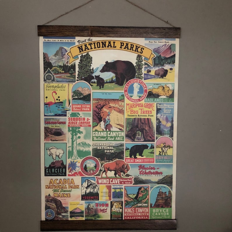 National parks poster with a dark brown stained wood hanger