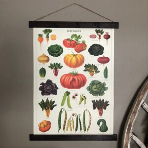 May include: A vintage-style poster featuring various vegetables, including tomatoes, cabbage, and beans. The poster is printed on cream-colored paper and is held by dark wooden rods and a twine hanger. The word "VEGETABLES" is printed at the top.