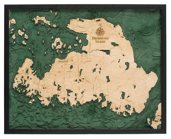 Artistic wood map of Drummond Island