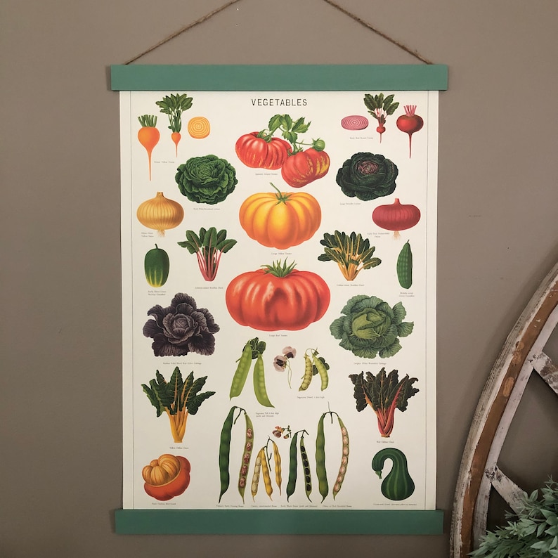 May include: A vintage-style poster titled "Vegetables" featuring detailed illustrations of various vegetables. The poster is mounted on a green wooden frame and suspended by a natural twine. The vegetables are depicted in vibrant colors, showcasing a variety of shapes and sizes.