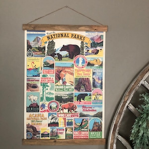 National parks poster with a light brown stained wood hanger