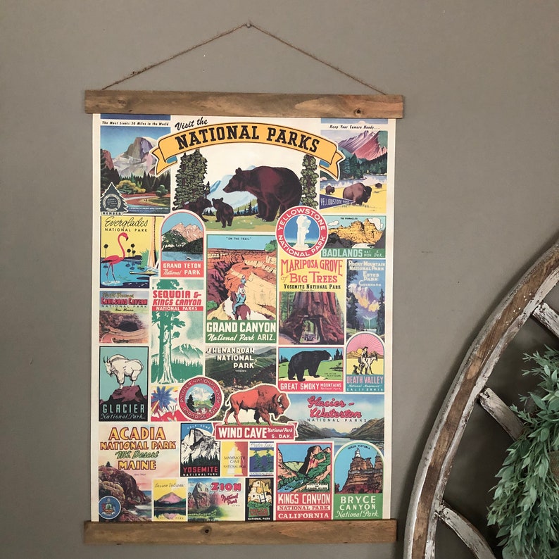 National parks poster with a light brown stained wood hanger