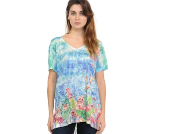Hawaii Print Rayon Blend Tunic Top, Tropical Burnout Jersey, Made in USA
