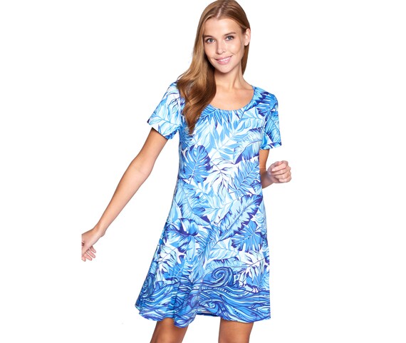 blue and white leaf print dress Ester Blue Palm Printed Short Dress | Women's Clothing main image 1