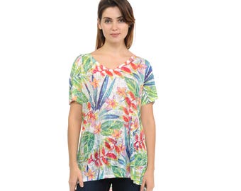 Túnica con estampado hawaiano tropical, mezcla de rayón, manga corta