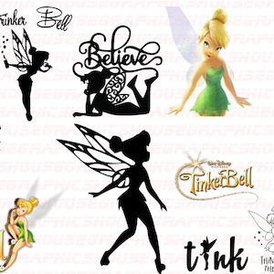 May include: A collection of Tinker Bell images, including silhouettes, logos, and illustrations. The images feature Tinker Bell with her wings, a wand, and the words "Believe" and "Think Happy Thoughts".