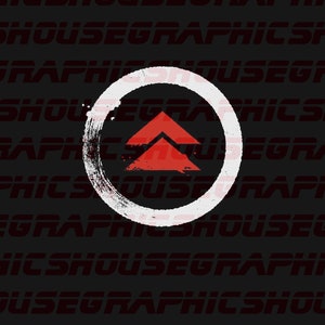 May include: Vertical image with a black background featuring a white, brushstroke-style circle surrounding a red arrow-like symbol. The background is patterned with the text "GRAPHICSHOUSE" in red.