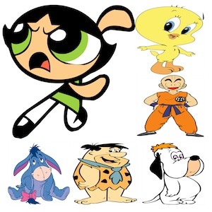 May include: A cartoon illustration featuring a collection of popular animated characters, including a green-haired girl with a determined expression, a yellow bird with a wide-eyed look, a bald man in an orange martial arts uniform, a blue donkey with a sad expression, a brown-skinned man with a stone-age outfit, and a white dog with a surprised expression.