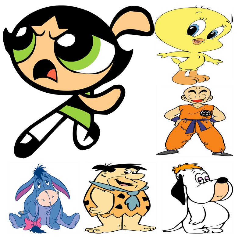 May include: A cartoon illustration featuring a collection of popular animated characters, including a green-haired girl with a determined expression, a yellow bird with a wide-eyed look, a bald man in an orange martial arts uniform, a blue donkey with a sad expression, a brown-skinned man with a stone-age outfit, and a white dog with a surprised expression.