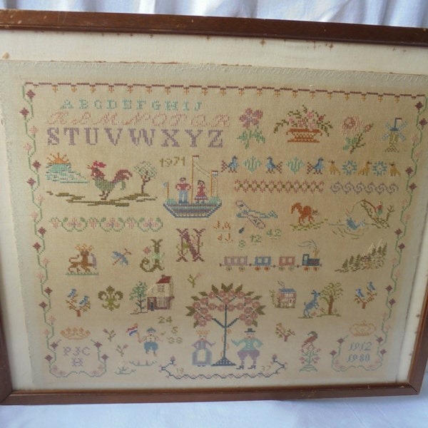 Vintage Dutch sampler, crafts, painting, embroidered painting