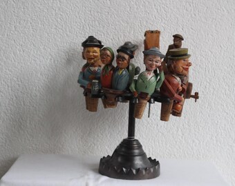 Antique bottle stoppers/movable neat figures/wood crafts, wine corks/cork, bottle stopper, 1940/stopper cork/10 dolls on stand