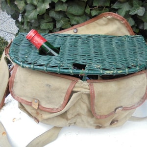 French vintage fishing basket/farmers basket/shoulder basket/hand-woven wicker basket/1940/flower basket/canvas bag