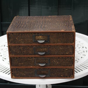 May include: A rectangular storage unit featuring four stacked drawers with a dark brown textured finish resembling reptile skin. Each drawer is equipped with a dark metal label holder and a semi-circular pull handle, providing a structured organization.